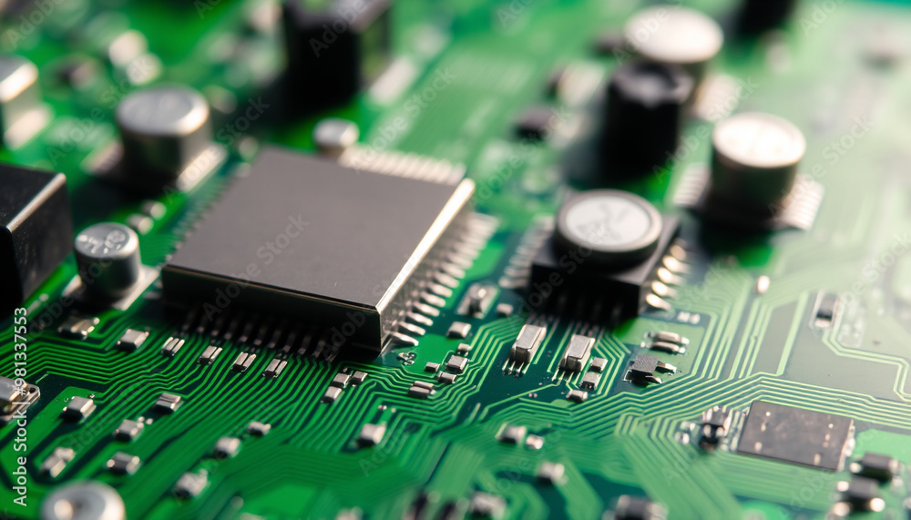 Detailed close-up of a green circuit board for technology, electronics, and innovation themes Detailed close-up of a green circuit board for technology, electronics, and innovation themes