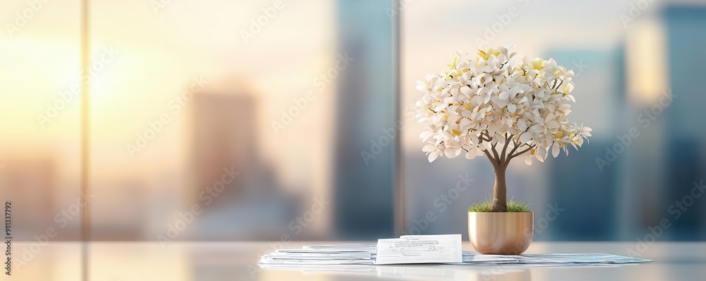 Small white flowering tree in a pot on a desk with a blurry city background. Small white flowering tree in a pot on a desk with a blurry city background.