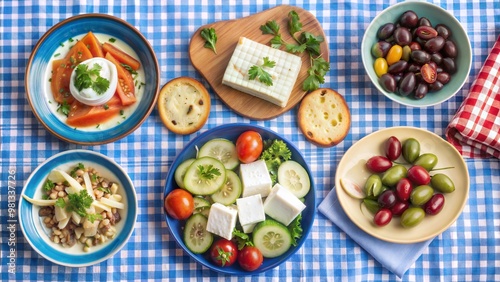 A vibrant Mediterranean spread featuring fresh vegetables, cheeses, olives, and bread on a blue checkered tablecloth