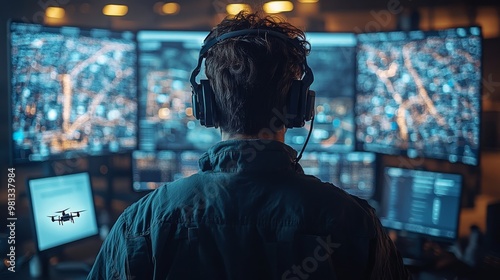 Operators monitoring drone activity in a high-tech control center during nighttime operations