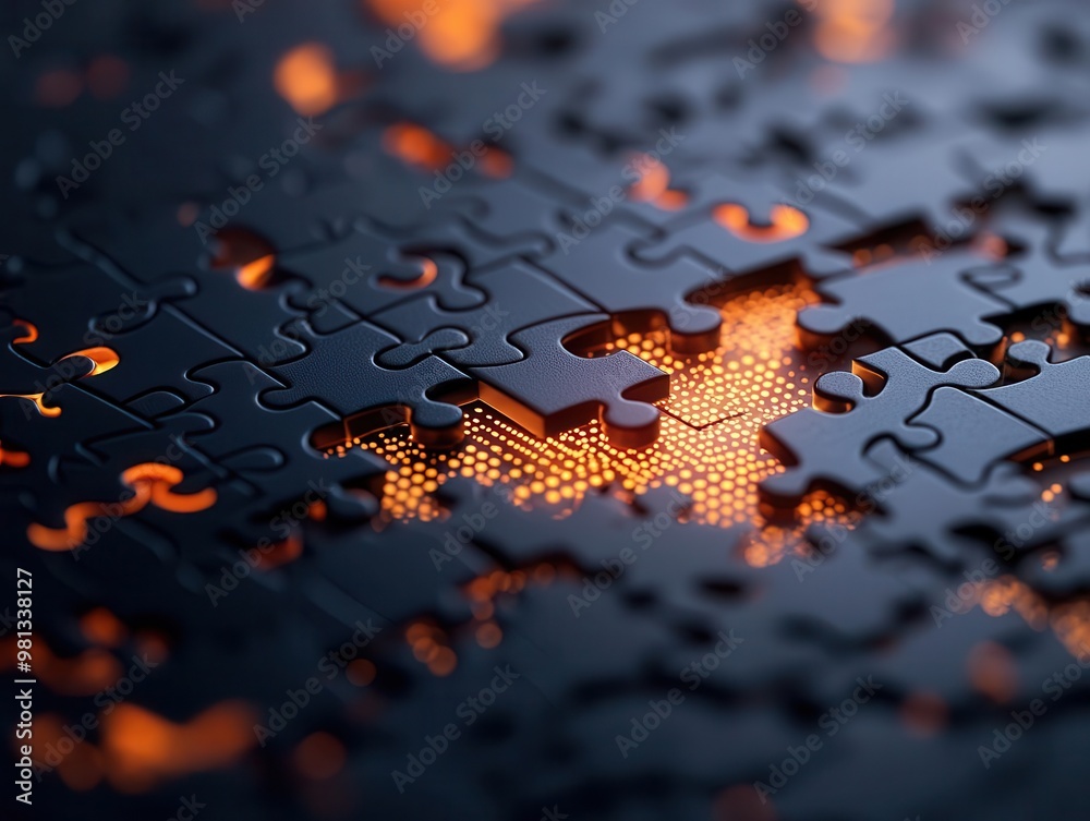 Abstract puzzle pieces forming a glowing business plan, representing integrated solutions for long-term growth Abstract puzzle pieces forming a glowing business plan, representing integrated solutions for long-term growth