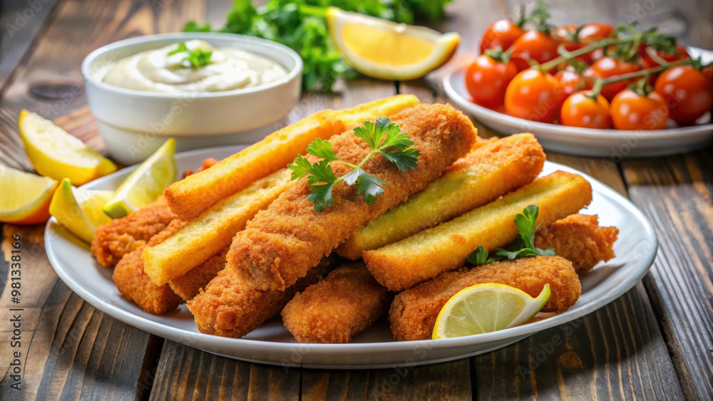 Crispy fried fish sticks served with golden French fries, fresh lemon wedges, and side of creamy dipping sauce, garnished with parsley. delicious and satisfying meal! Crispy fried fish sticks served with golden French fries, fresh lemon wedges, and side of creamy dipping sauce, garnished with parsley. delicious and satisfying meal!