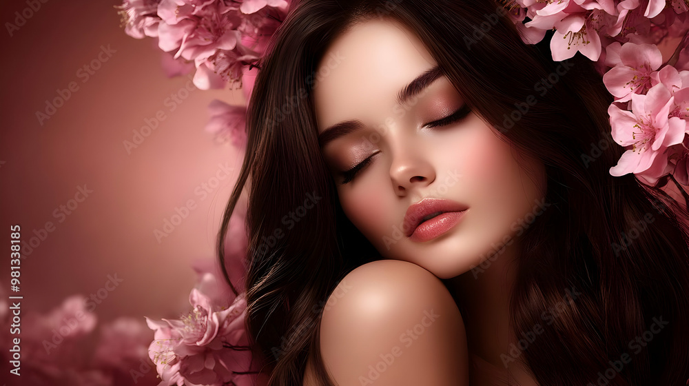 Beautiful Woman with Soft Pink Flowers in Hair Beautiful Woman with Soft Pink Flowers in Hair