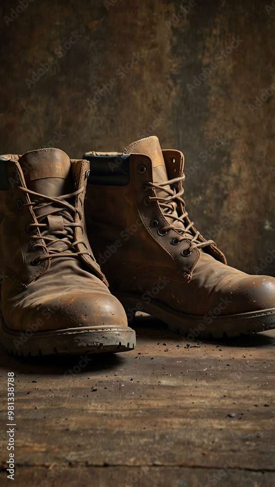 Dirty, worn-out work boots on a rustic metal background for Labor Day. Dirty, worn-out work boots on a rustic metal background for Labor Day.