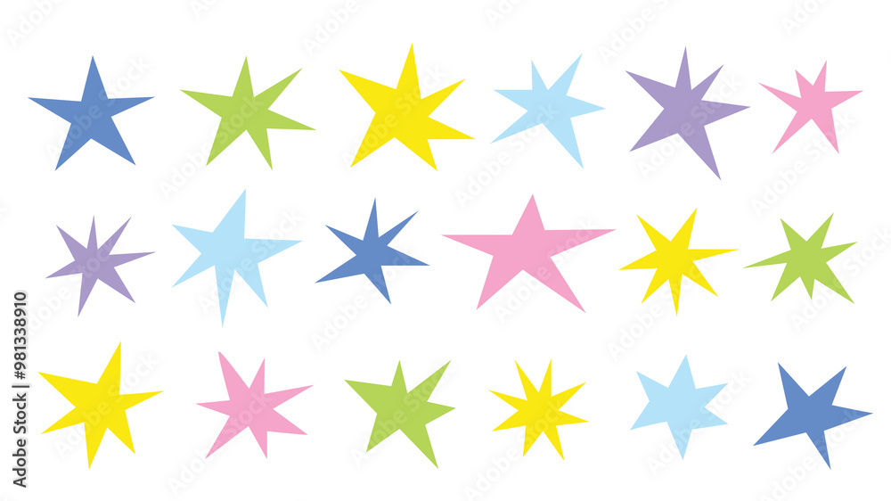 Set of various colorful pointed stars of different shapes, simple flat style, vector illustration. Sparkling glitters isolated on a white background. Organic asterisks pattern. Set of various colorful pointed stars of different shapes, simple flat style, vector illustration. Sparkling glitters isolated on a white background. Organic asterisks pattern.