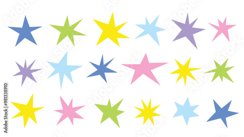 Set of various colorful pointed stars of different shapes, simple flat style, vector illustration. Sparkling glitters isolated on a white background. Organic asterisks pattern.