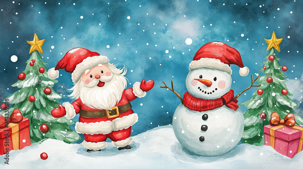 Festive Santa Claus and Snowman Celebration in Snowy Forest with Gift Boxes and Decorated Christmas Trees, holiday season concept