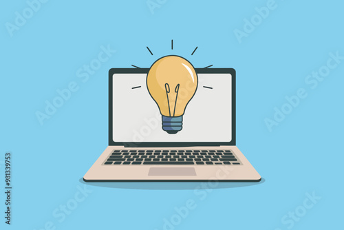Light bulb on laptop screen, idea and technology concept.