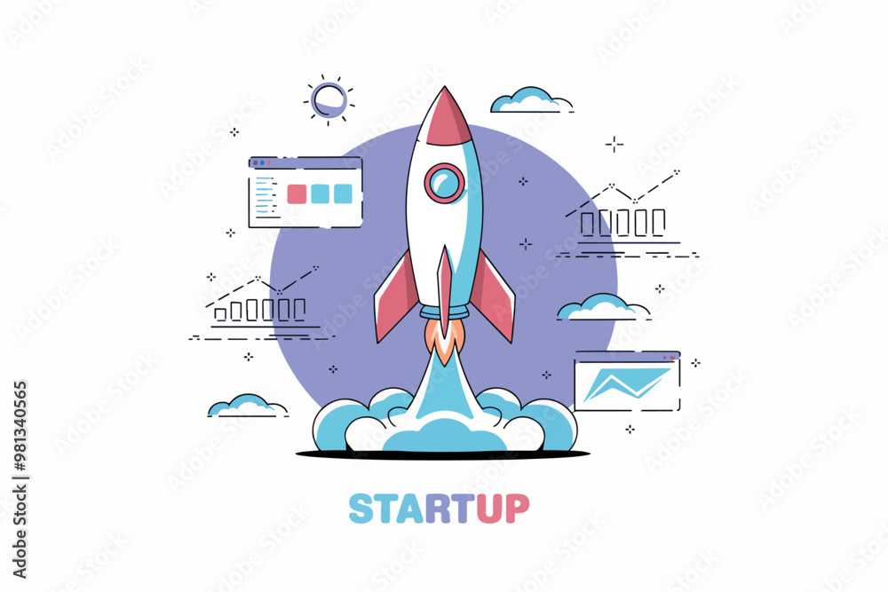 Rocket taking off with the word startup, business and innovation concept. Rocket taking off with the word startup, business and innovation concept.