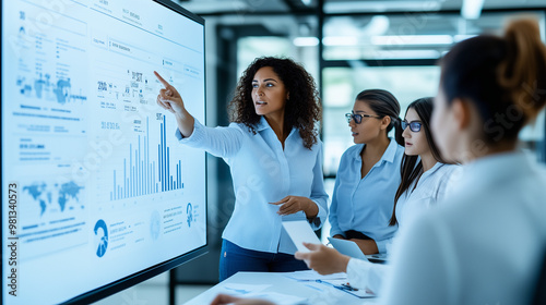 group of professionals engaged in a business presentation. The central figure is actively pointing at a large digital display that showcases complex financial data