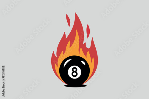 Black snooker ball number 8 on fire, sports concept.