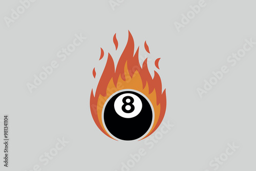 Black snooker ball number 8 on fire, sports concept.