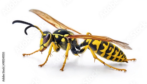 Vespula squamosa - southern yellow jacket - is a social wasp identified by its distinctive black and yellow patterning and orange queen. Isolated on white background with copy space