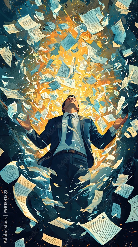 Fototapeta premium best sale team management A businessman overwhelmed by flying papers, symbolizing stress and chaos in the corporate world, illuminated by dramatic light.