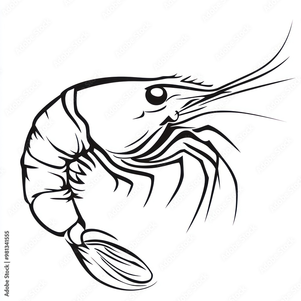 Detailed Black and White Drawing of a Shrimp Showcasing Intricate Features and Textures on a White Background Detailed Black and White Drawing of a Shrimp Showcasing Intricate Features and Textures on a White Background