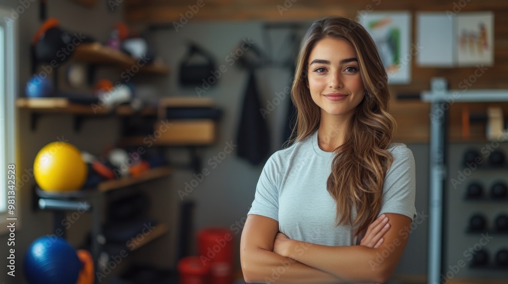 Confident Saleswoman Promoting Fitness Apparel with Motivational Energy in Home Gym Setting Confident Saleswoman Promoting Fitness Apparel with Motivational Energy in Home Gym Setting