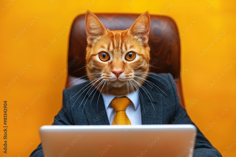 Business Cat Working on Laptop Office Pet, Humorous Character, Yellow Backdrop, Corporate Feline Business Cat Working on Laptop Office Pet, Humorous Character, Yellow Backdrop, Corporate Feline
