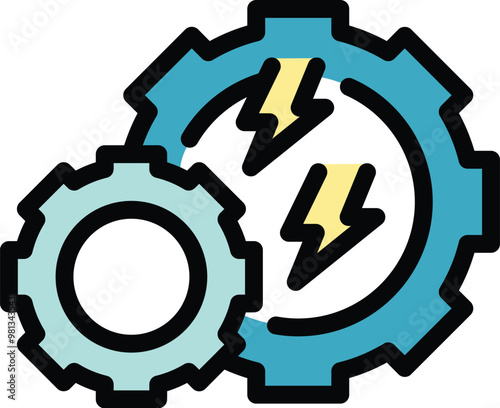 Two gears connecting and generating lightning bolts, perfect for representing concepts like energy, power, and synergy