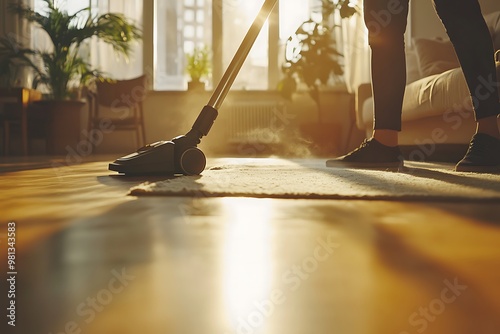 Wallpaper Mural Woman vacuuming the living room in a sunlit apartment Torontodigital.ca