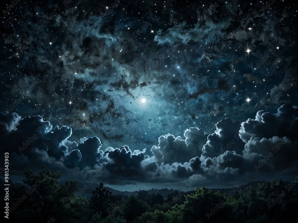 Dreamy starry night with moonlit clouds and constellations. Dreamy starry night with moonlit clouds and constellations.