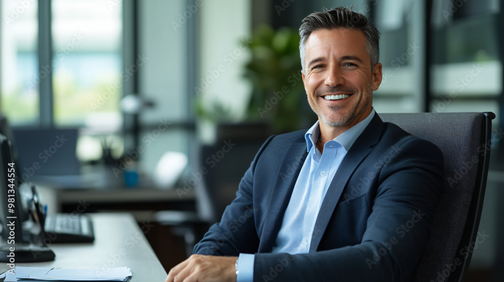 Businessman happily working at his desk in the office, focused on his computer Businessman happily working at his desk in the office, focused on his computer