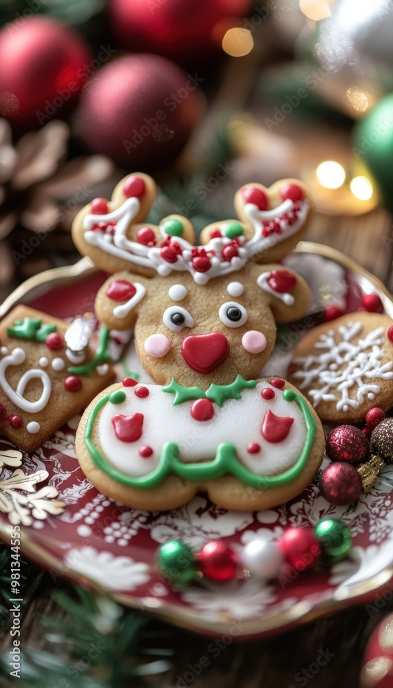 Decorated Christmas Reindeer Cookie on Festive Plate with Holiday Treats, Perfect for Posters and Cards Decorated Christmas Reindeer Cookie on Festive Plate with Holiday Treats, Perfect for Posters and Cards