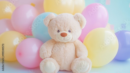 Teddy bear among colorful balloons, playful