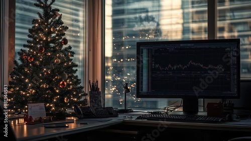 A Christmas tree inside a financial office, with a spreadsheet on the computer screen nearby photo