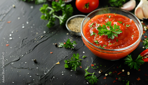 Delicious adjika sauce with parsley in glass bowl and ingredients on black table, closeup photo