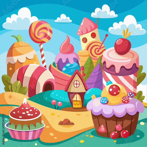 Candy land with fantasy sweet dessert houses, chocolate trees and pink jelly grass. Cartoon vector landscape of cute fantasy fairy sugar world with home made of cake and cookie, caramel and ice cream.