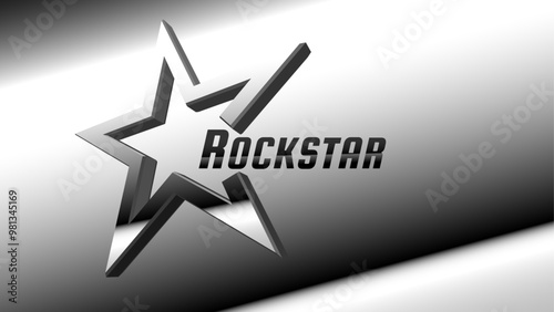 Rockstar star icon isolated on gradient background. Rock star sign black and white light on metallic background with 3D star shape. Vector illustration with editable text for website and app design.
