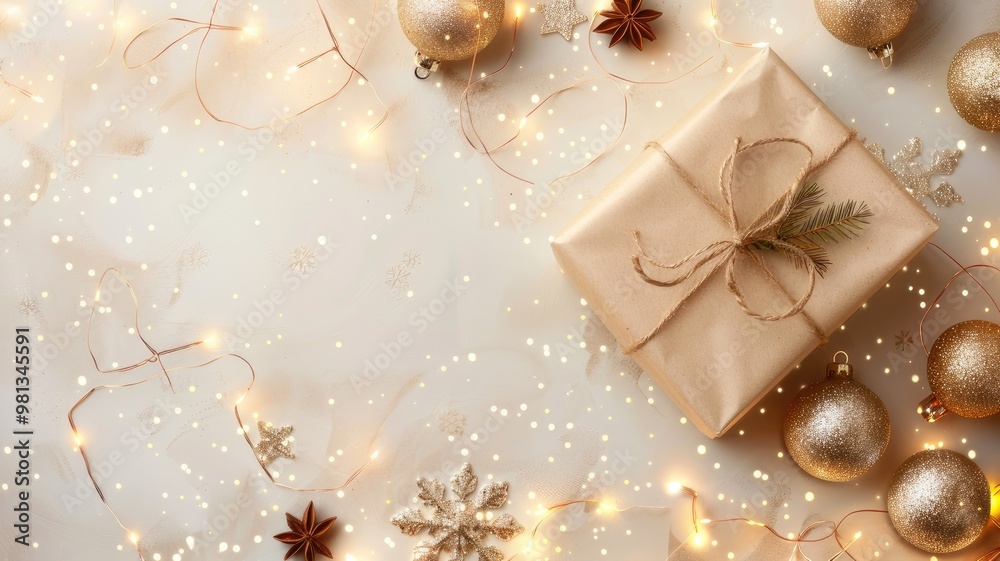 New Year background with copy space. Beautifully packaged gift box with festive Christmas decorations. New Year background with copy space. Beautifully packaged gift box with festive Christmas decorations.