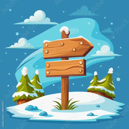 Winter wood sign board with snow vector banner. Christmas wooden signboard banner for title text and direction in game. Holiday covered snowy label. Notice plank decoration with realistic texture