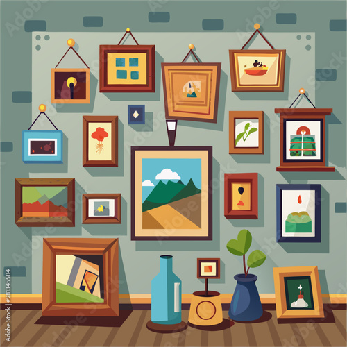 Pictures and photography in wooden frame hanging on wall. Home or museum gallery with paintings and photos. Cartoon vector illustration set of different shape borders for collage interior decoration.