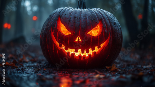 Scary Halloween Pumpkin with Sinister Smile - Spooky Shadows - AI Generated