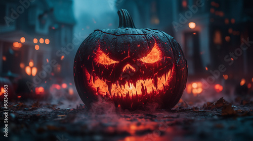 Scary Halloween Pumpkin with Sinister Smile - Spooky Shadows - AI Generated