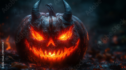 Scary Halloween Pumpkin with Sinister Smile - Spooky Shadows - AI Generated