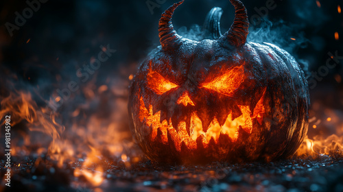 Scary Halloween Pumpkin with Sinister Smile - Spooky Shadows - AI Generated