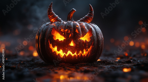 Scary Halloween Pumpkin with Sinister Smile - Spooky Shadows - AI Generated