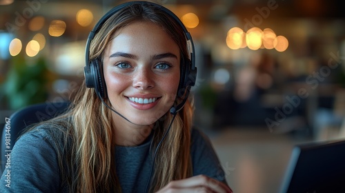 A smiling customer service representative wearing a headset, ready to assist, is seated in a warmly lit office environment.