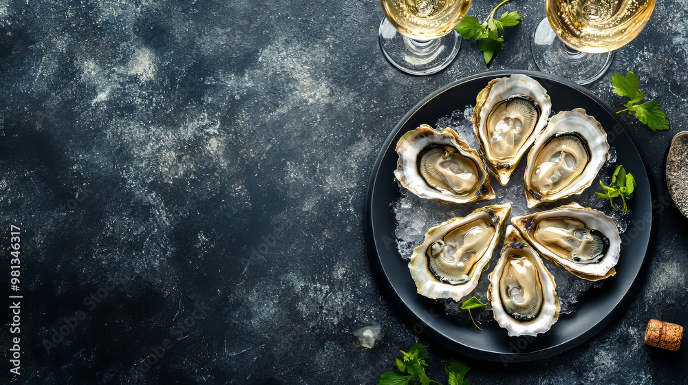 A fancy restaurant dish of champagne and oysters. The picture shows oysters on a plate, shot from above. There's space for you to add text. A fancy restaurant dish of champagne and oysters. The picture shows oysters on a plate, shot from above. There's space for you to add text.