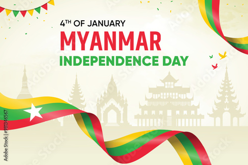 Myanmar Republic Flag Waving On Skyline Background. Independence Day Concept Design Vector Illustration.