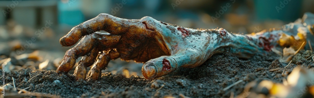 A lifelike severed hand reaches out from the dark, damp soil during Halloween A lifelike severed hand reaches out from the dark, damp soil during Halloween
