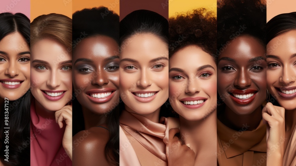 Obraz premium A vibrant collage of diverse women smiling radiantly, showcasing a celebration of beauty, diversity, and unity in colorful attire.