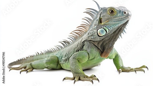 A large green iguana lizard is standing alone against a plain white backdrop.