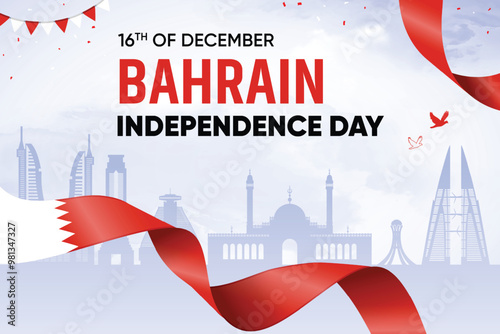 Bahrain Flag Waving On Skyline Background. Independence Day Concept Design Vector Illustration.