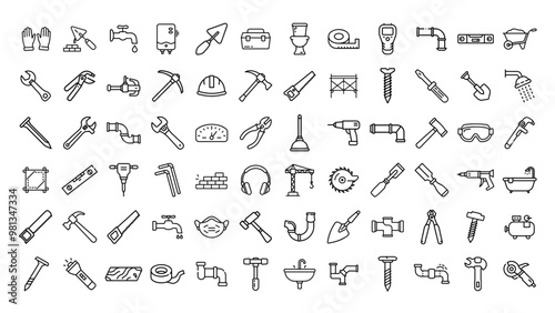 Construction and plumbing tools icons, black line style, set of equipment and hardware symbols