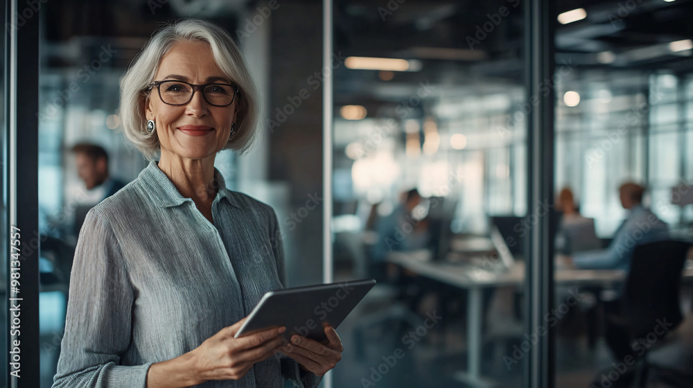 Fototapeta premium Elegant businesswoman is holding a tablet and smiling in a busy office with coworkers in the background