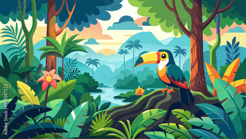 Tropical jungle forest with toucan on tree cartoon background. Bird on branch in wildlife exotic nature landscape. Adventure in wild amazon rainforest park with liana and bush illustration design.
