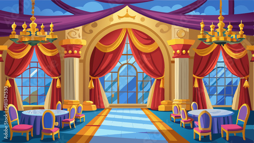 Palace room, royal castle ballroom. Luxury interior of medieval dance hall with windows, curtains, columns and gold chandeliers, vector cartoon illustration